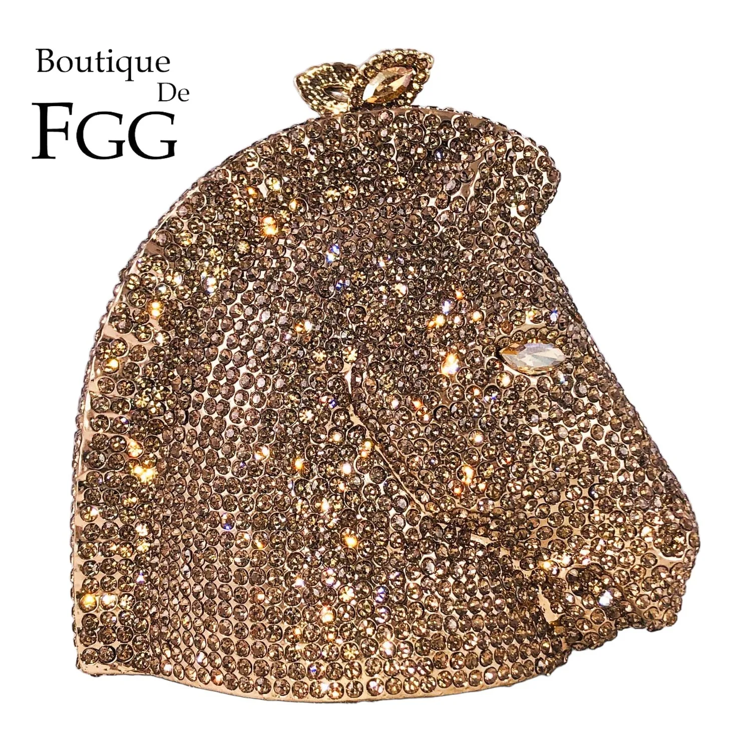 Boutique De FGG Golden Horse Head Women Crystal Evening Purse and Handbag Wedding Party Minaudiere Animal Rhinestone Clutch Bag