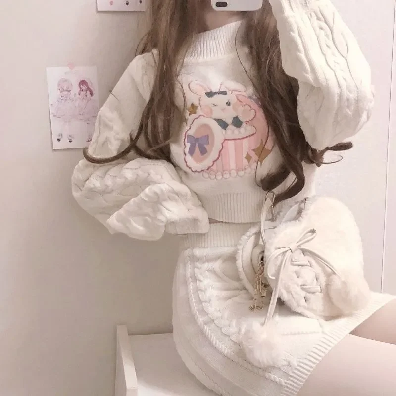 Kawaii Japanese Style Beige Knitted Set Women Threaded Long Sleeve Sweater Short Tops and High Waist Mini Package Hip Skirt Suit