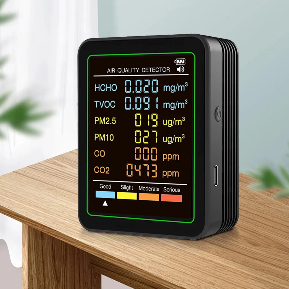 Tester della qualità dell'aria 6 in 1 Rilevatore HCHO in tempo reale Misuratore di umidità della temperatura Rilevatore di formaldeide TVOC PM2.5 PM10 CO2 CO