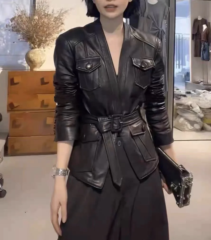 2025 Spring Brand New Leather Jacket for Women V-neck 100% Sheepskin Slim Fit Coat With Belt Black Shirt Vestes Femmes