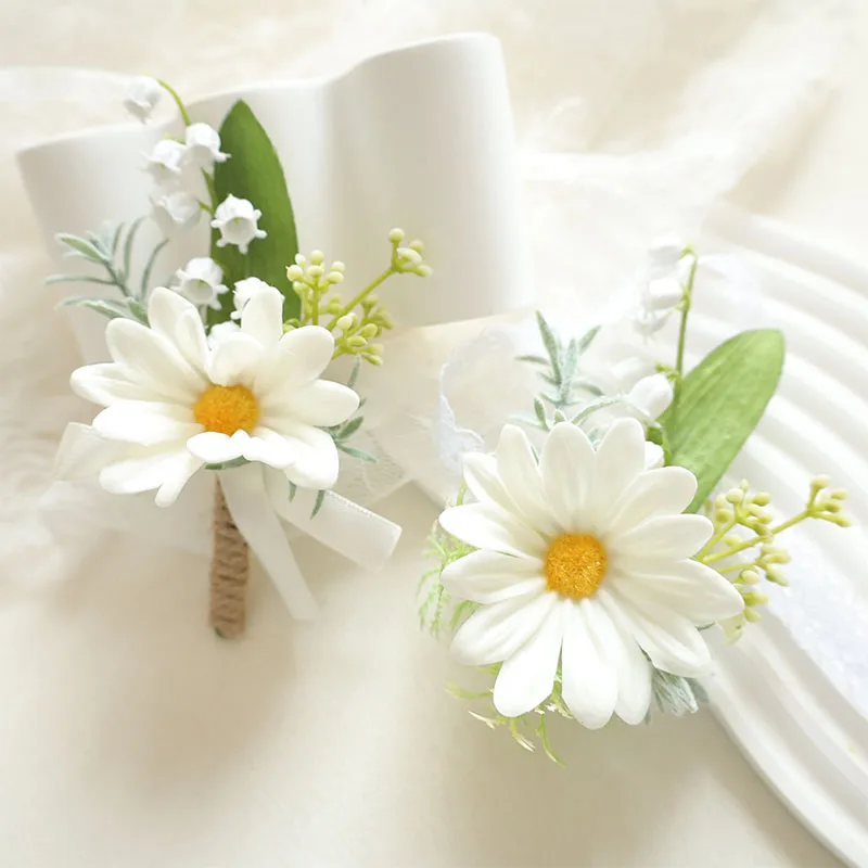 2pcs Set White Bohemian Rose Flower Corsage & Wristlet Set - Perfect for Brides, Groomsmen, and Wedding Decorations 2611