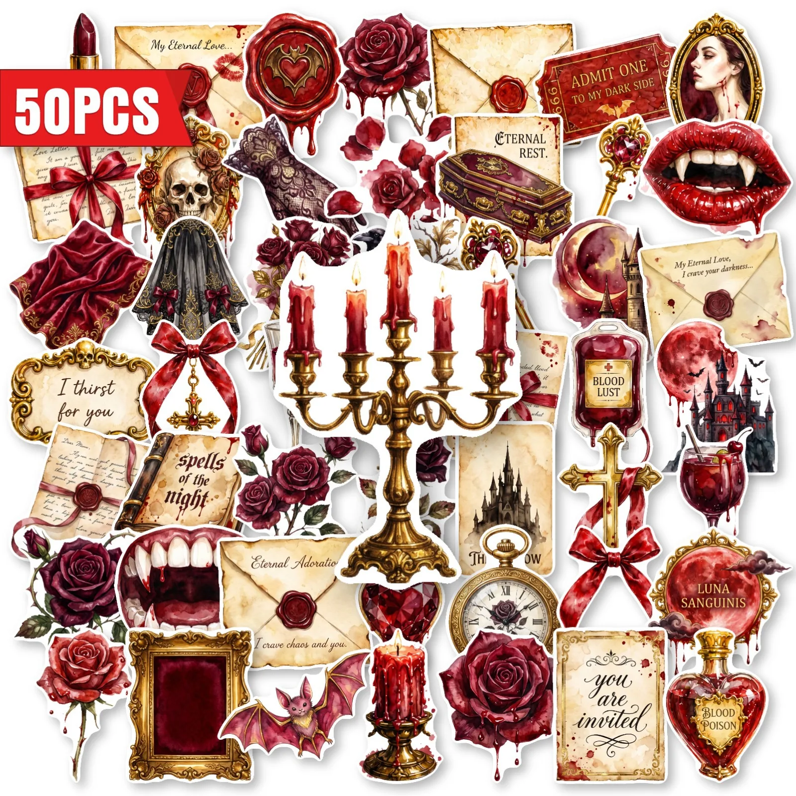 50 PCS Dark Style Vampire Stickers Red Rose Castle Gothic Graffiti Stickers Decorate Luggage Skateboard Helmet Waterproof Decals