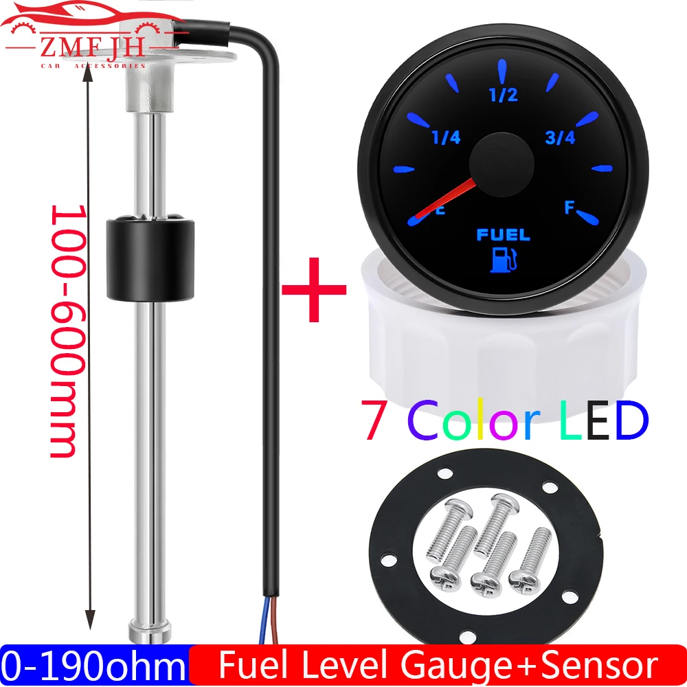 2'' 52mm Fuel Meter Auto Marine Boat Car Fuel Tank Level Gauge 0-190Ω Fuel Float Sensor + Fuel Level Gauge 7 Color Light 12V24V