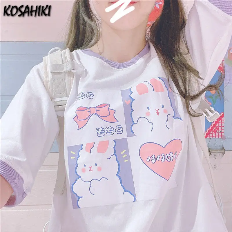 KOSAHIKI Kawaii Tshirt Women Fashion 2024 Cute Cartoon Print ops  Loose  Shirt Casual All Match Summer Graphic  Shirts