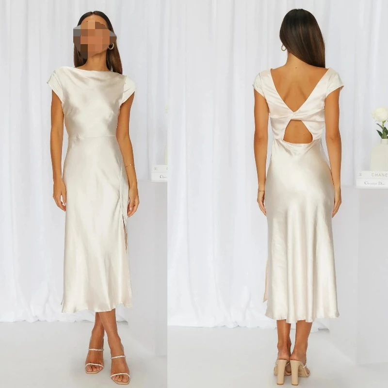 Summer Women Satin Backless Sleeveless Dress Casual Loose O Neck Long Dresses 2024 New Chic Female Street Vacation Outfits Robes