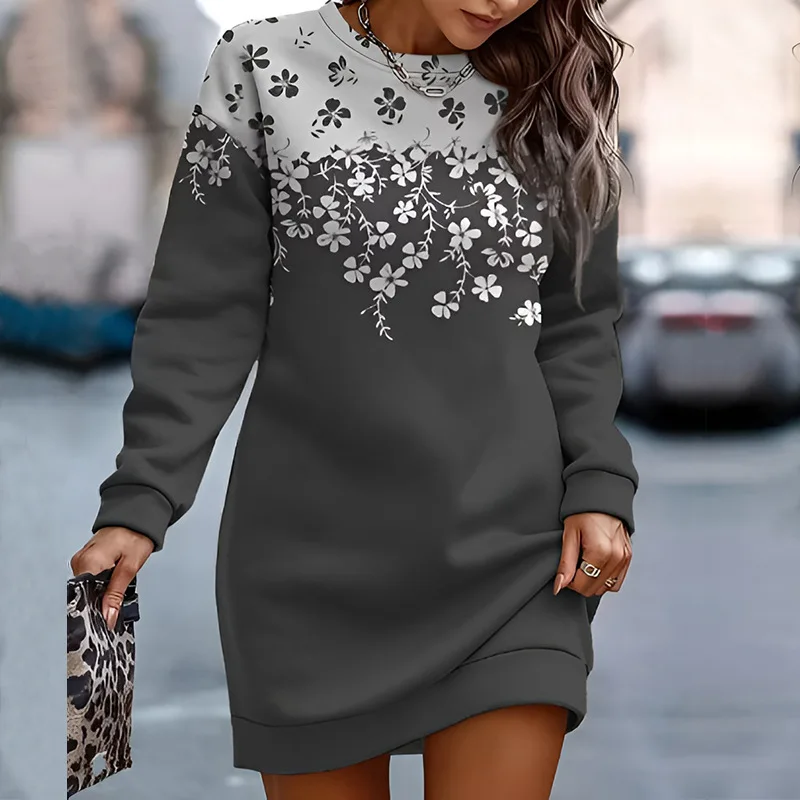 Women\'s O-neck Long Sleeve Casual Loose Mini Sweatshirts Dress 2023 Autumn Winter Fashion Floral Print Sweatshirt Dresses Femme