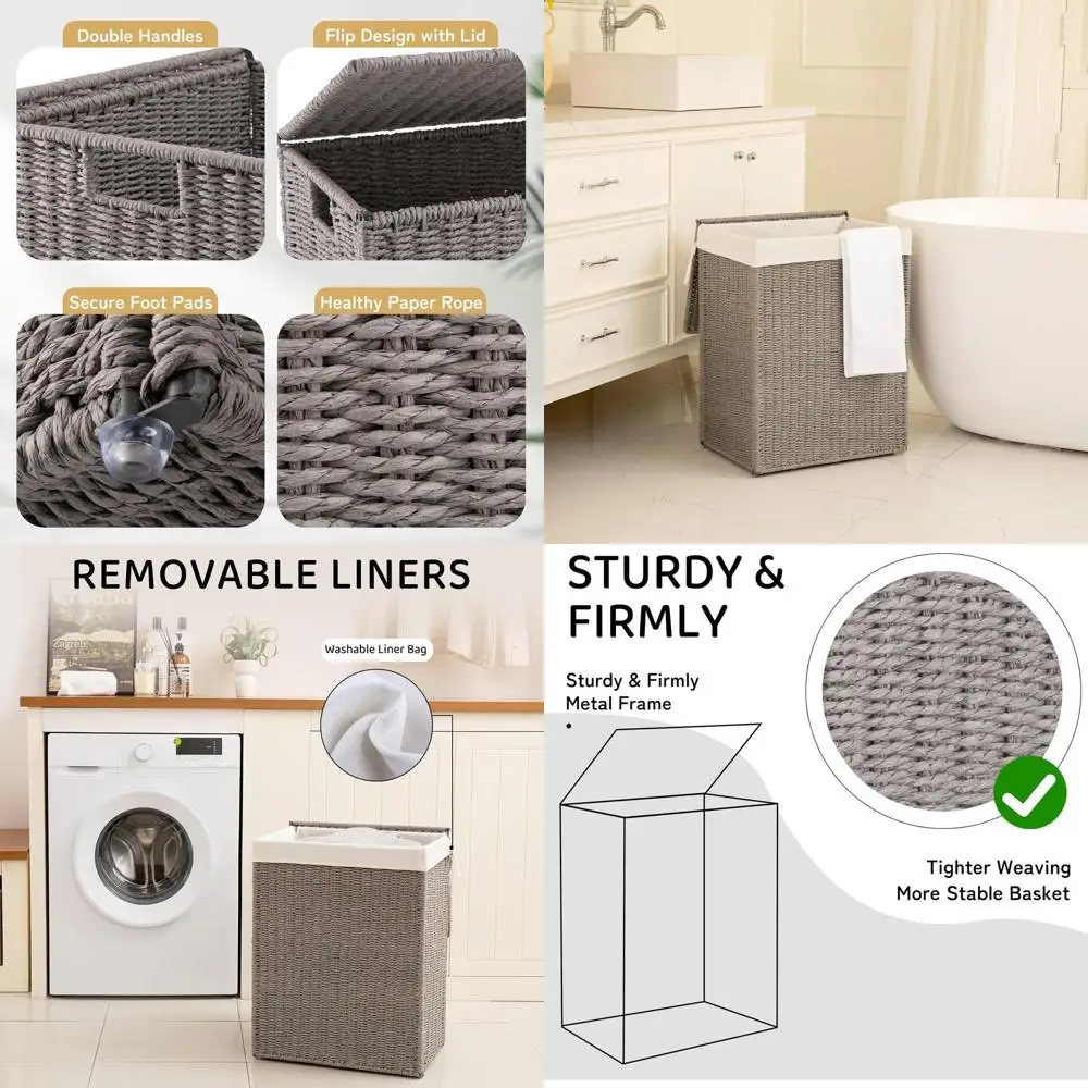 

Складная плетеная корзина для белья с крышкой и съемным вкладышем, вместимость 90 л, серая для спальни и прачечной