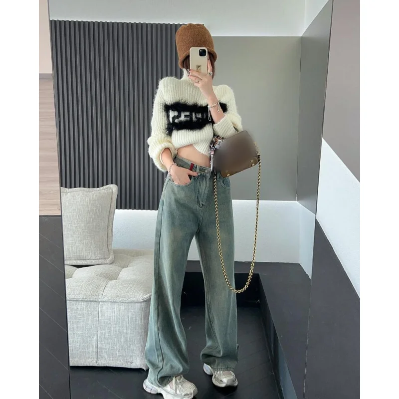 Blue Vintage Women Jeans American High Quality Embroidery Mop Pants Streetwear Wide Leg Jean Female Trouser 2024 Denim Pants