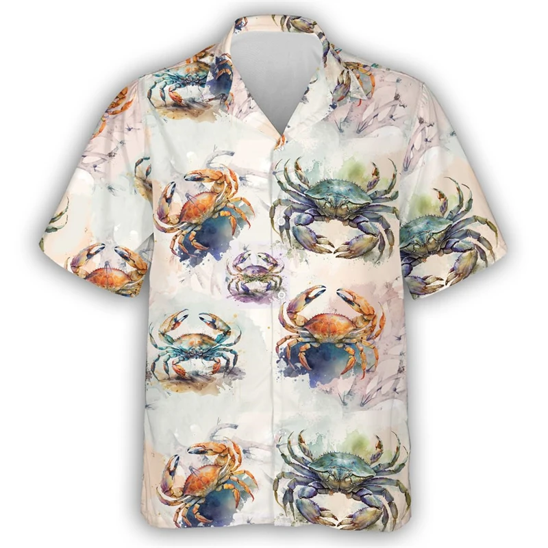 Hawaiian King Crab Graphic Beach Shirts Cute Starfish Shell Shirts For Men Clothes Crabs Coral Short Sleeve Women Vacation Tops