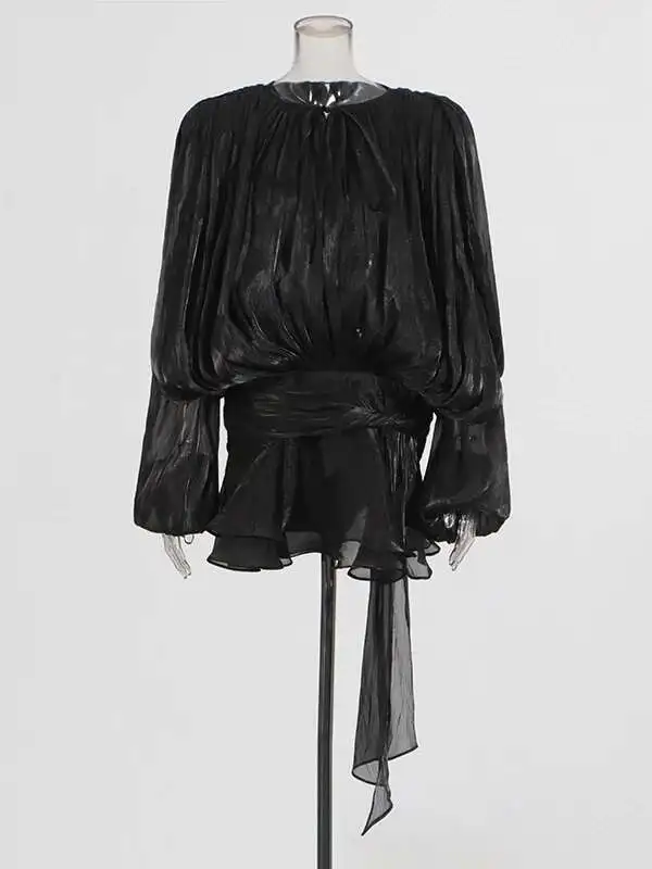 TWOTWINSTYLE Effen Blouse Mini Jurken Voor Vrouwen V-hals Lange Mouw Gesplitst Lace Up Zoete Stijl Jurk Vrouwelijke Kleding Mode