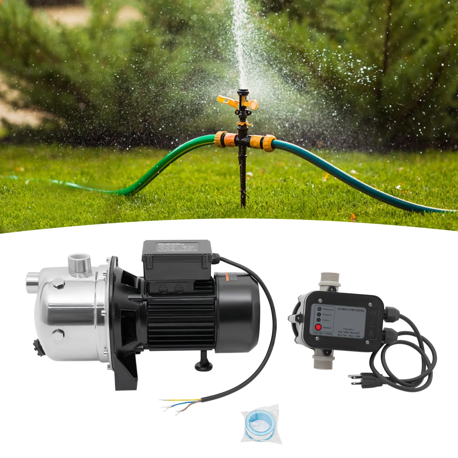 Bomba de pozo poco profundo, rociador de refuerzo con controlador automático para sistema de riego de césped de jardín, transferencia de agua, 1,5 HP, 115V