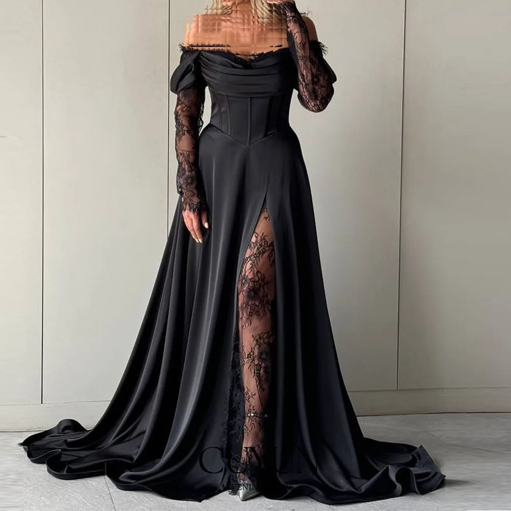 CUYUN-vestido de noche negro de lujo con abertura larga, vestido de fiesta de manga larga con hombros descubiertos, vestido de línea A personalizado para ocasiones formales