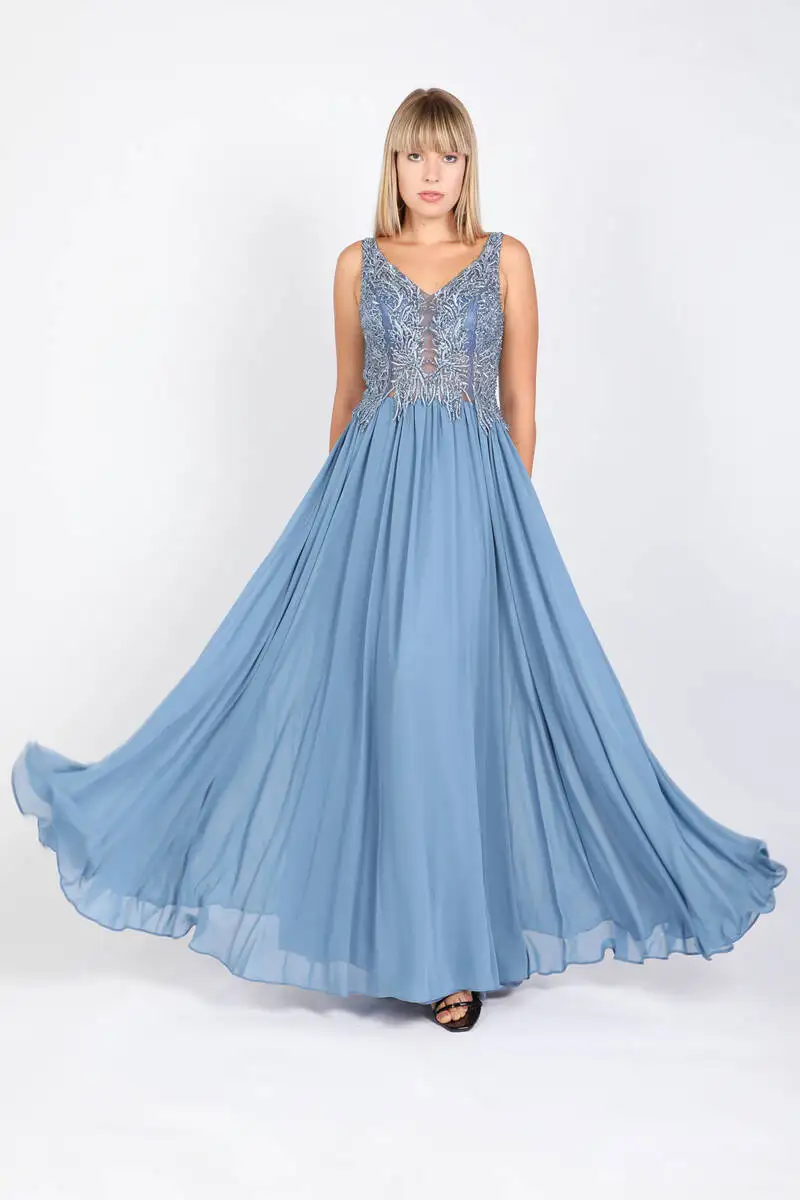 Women's CZ Crystal Chiffon Evening Dress Indigo