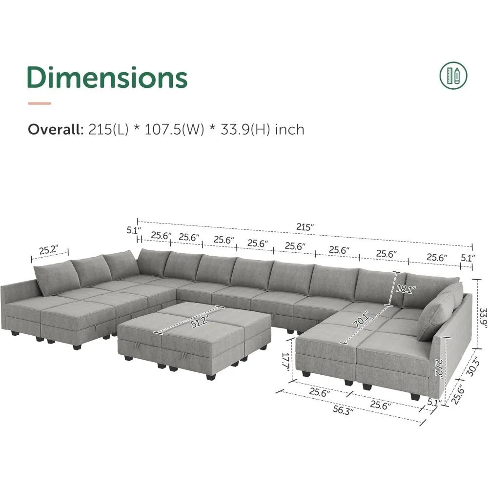 Oversized Modular Sofa Couch with Ottoman U Shape Sectional Couch with Chaise Large Sleeper Modular Sectional Sofa