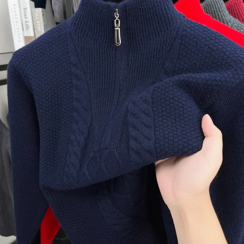 Luxury Man Long Sleeves Knitwear Mock Neck Thicken Zipper Winter New Warm Tops Non-deforming Leisure Quality Hot Men's Clothing