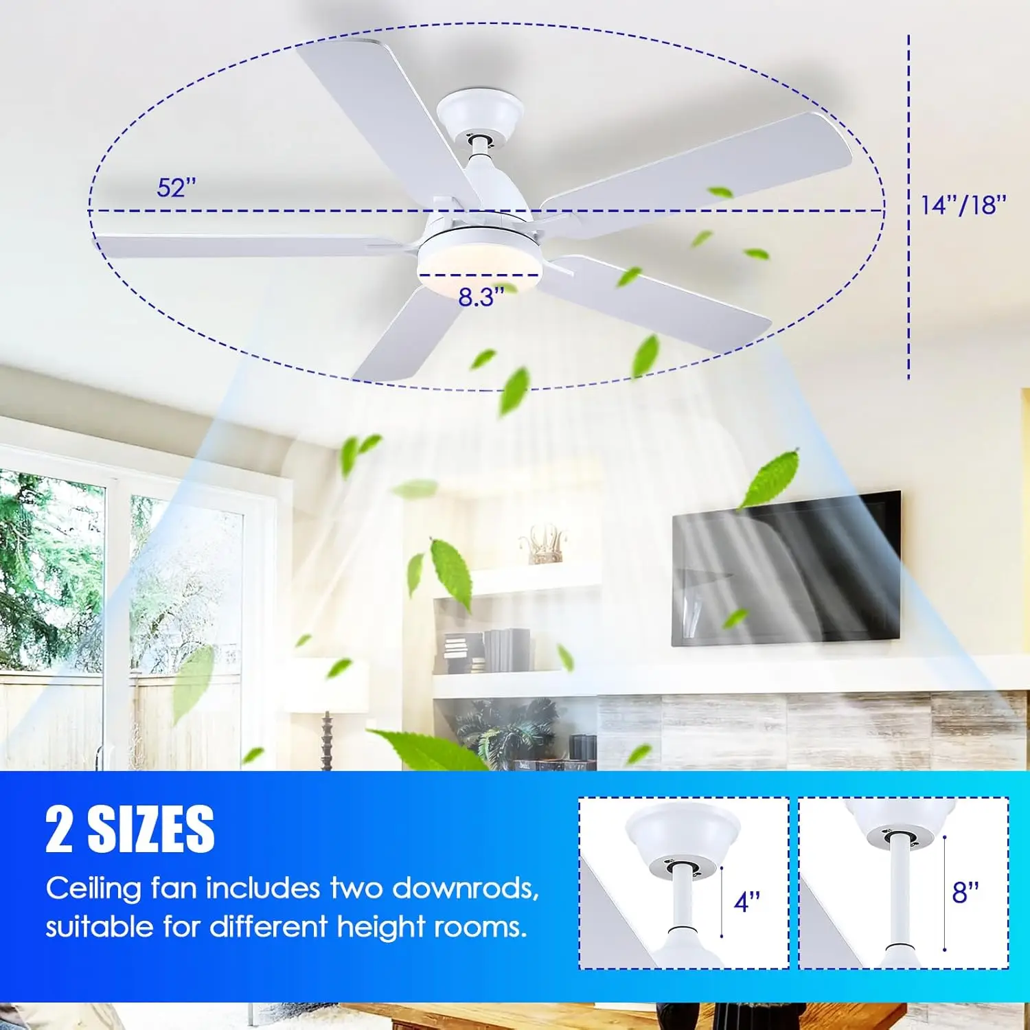 Ventilatore da soffitto con luce-52 ventilatori da soffitto a basso profilo-ventilatore da soffitto con montaggio a incasso e telecomando App, reversibile,