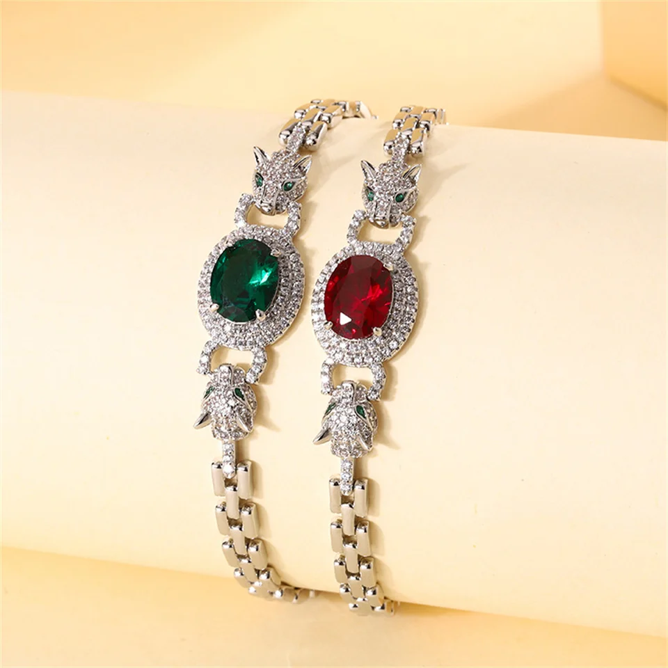 

Vintage Corundum Leopard Head Accessory Bracelet For Girl Main Stone 8*10 Gemstone Diamond Stainless Steel Bracelet Jewelry Gift