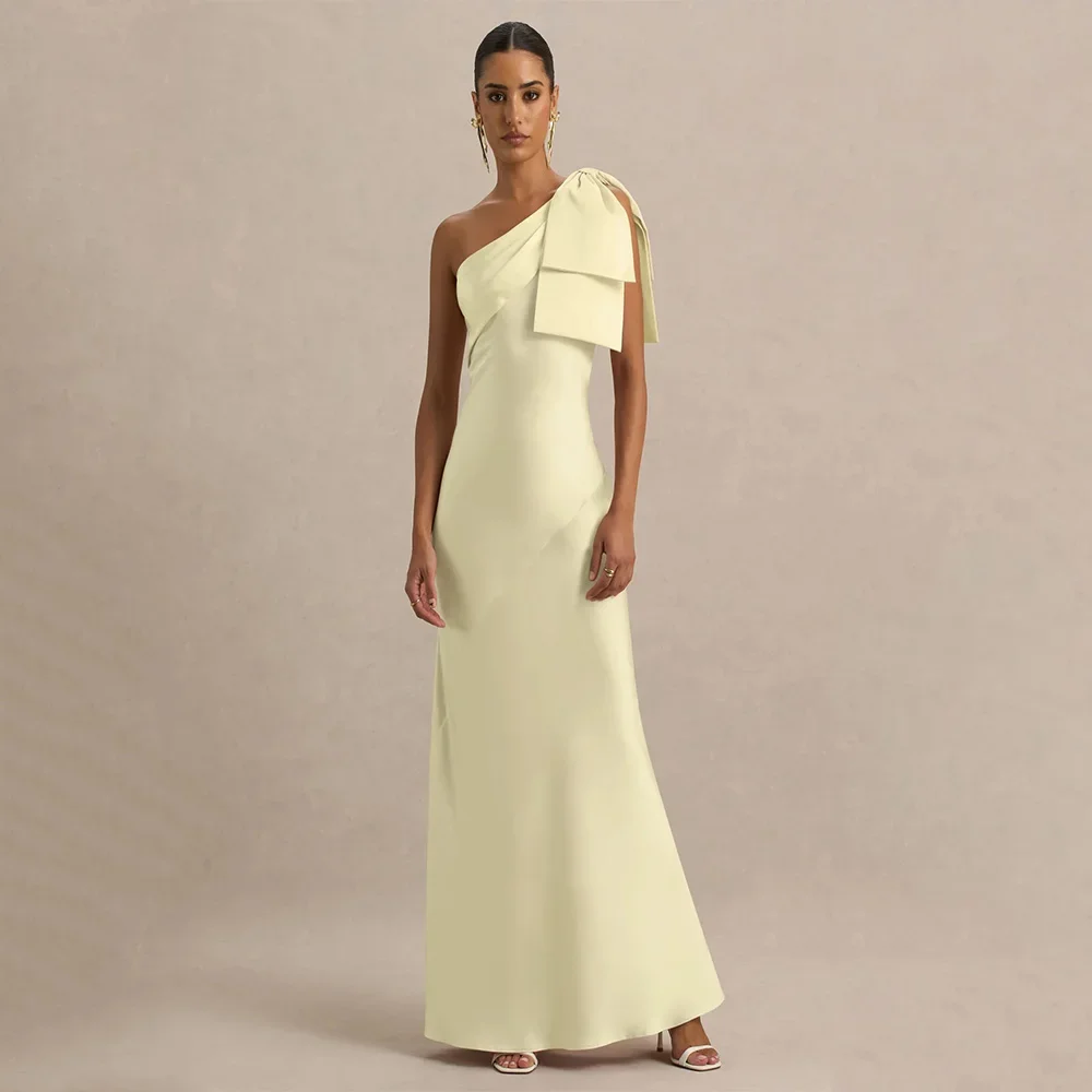 

Customized Simple Evening Dresses Jersey for Floor-Length One-Shoulder Sleeveless Prom Dress Bow Straight Robes De Soirée