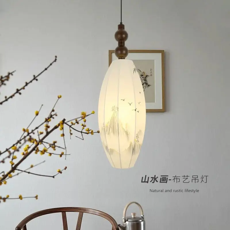 Wabi Sabi Style Vintage Fabric Painting Single Head Long Line Restaurant Main Light Tea Room Combination Multiple Headlight