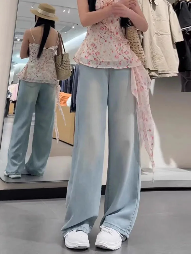 جينز حريري عالي الخصر وواسع الساق للنساء بنطال جينز ضيق مستقيم وفضفاض من الحرير الجليدي للخريف مقاس كبير جينز رقيق المظهر