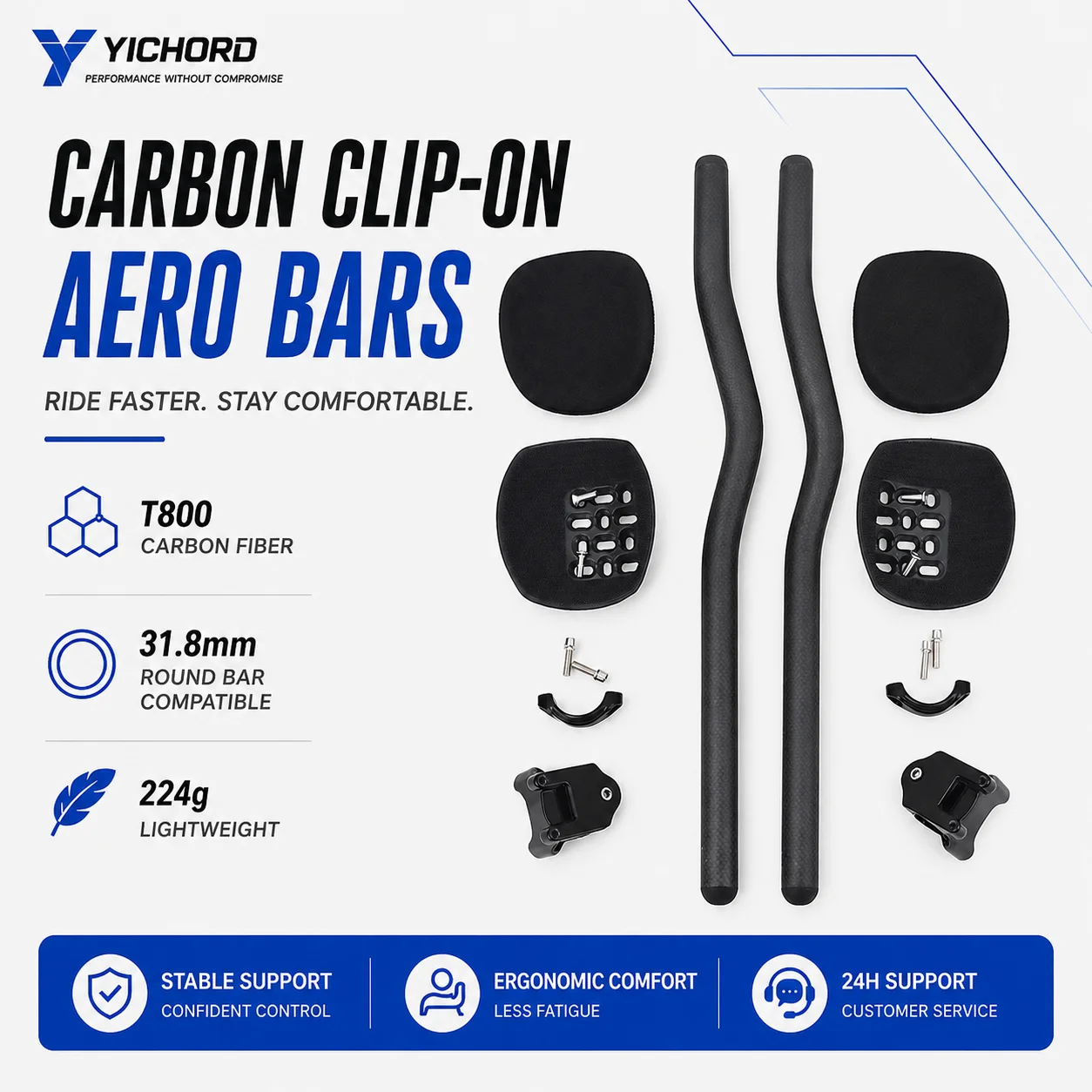 YICHORD Carbon Clip-On Aero Bars T800 Triathlon Aerobars 31,8 mm runde Lenkerverlängerungen 30 °   55 °   TT Zeitfahren