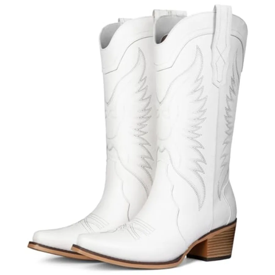 

Pasuot Western Cowboy Boots for Women - Cowgirl Boots with Pointed Toe, Mid Calf Chunky Heel Snip Toe Boot with Classic Retro E