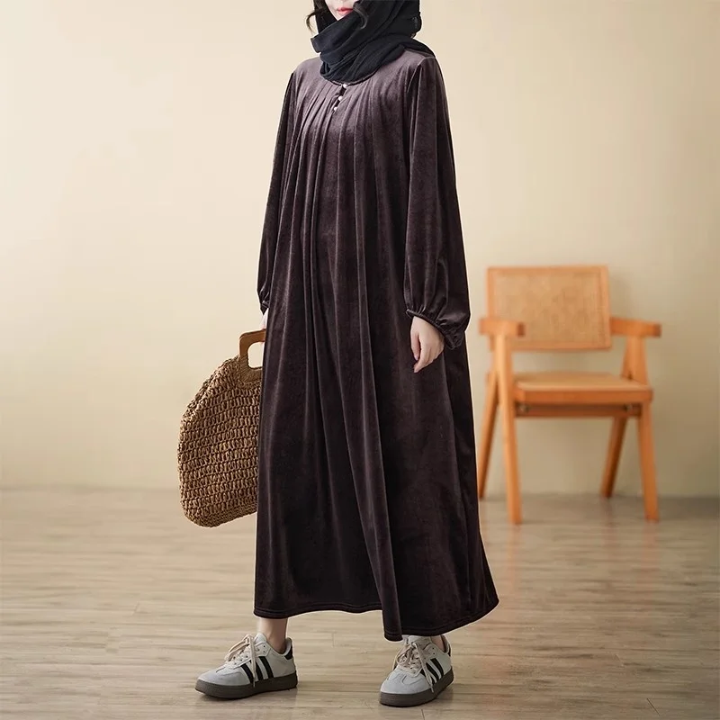 فستان خريف وشتاء 2025 فضفاض كبير الحجم ملابس الأم الكورية المخملية الدافئة فستان بأكمام طويلة للنساء w876
