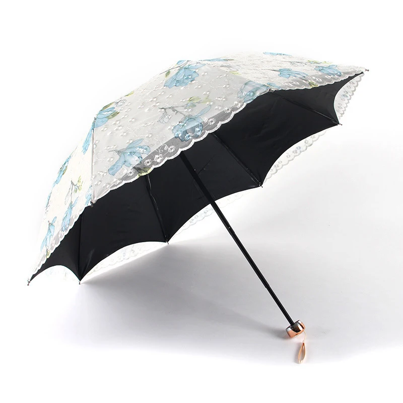Double-layer Embroidered Lace Umbrella Three-folding Black Rubber Sunshade Elegant Princess Women Parasol Wedding Gift