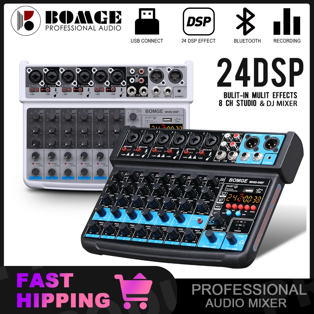 DJ sound console 8 channel audio mixer Line Mixer DC 5V with MP3 Bluetooth 48V  24DSP effects USB recording for Studio Recording