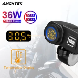 Anchtek Motorcycle QC3.0 Dual USB Mobile Phone Charger Voltmeter Thermometer Digital Display Mobile Phone Charger Socket Adapter