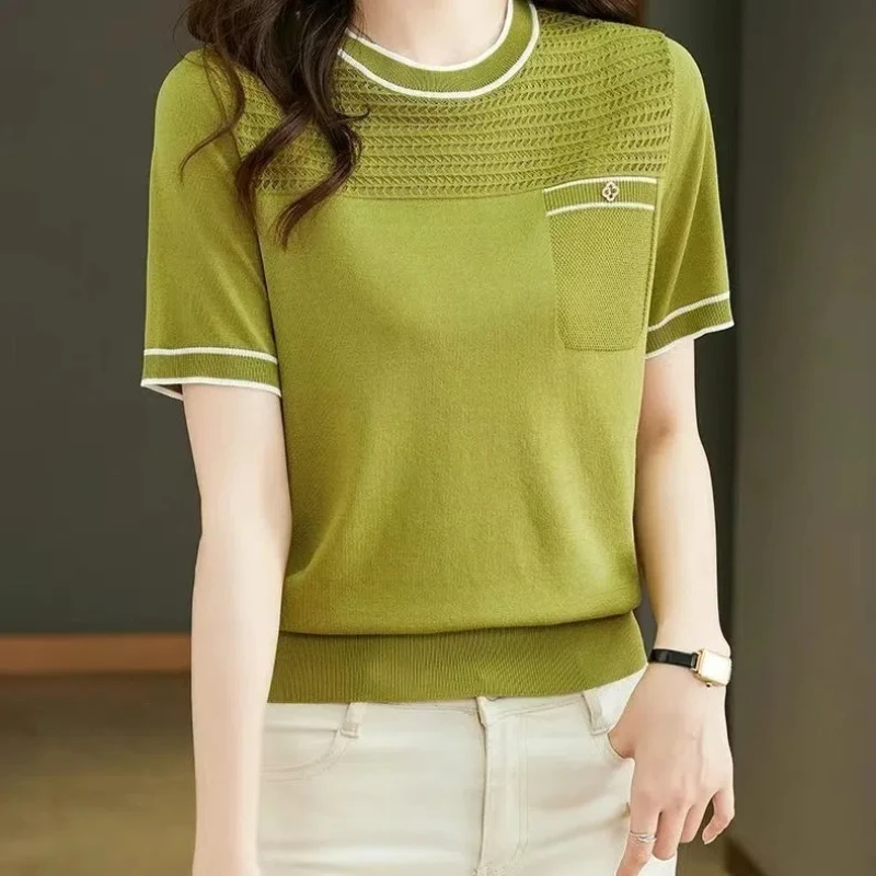 Ice Silk Short Sleeve T-shirt for Women in Summer New Thin Hollow Out Solid All-match Office Tops Tees Elegant Fashion Clothing