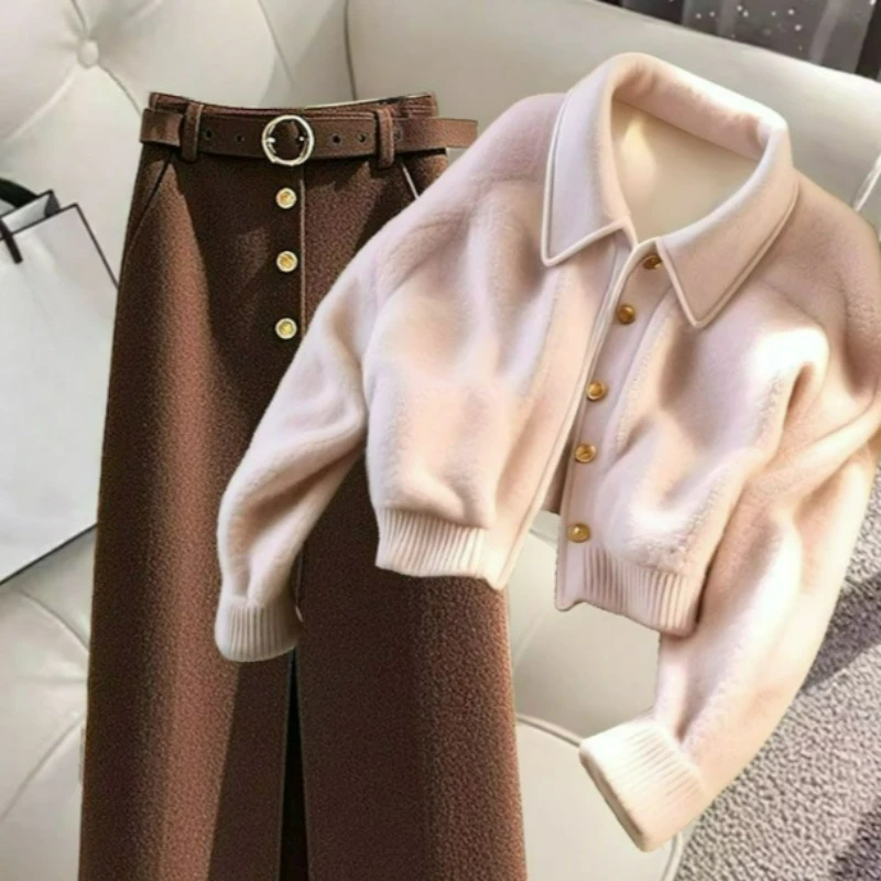 الخريف الشتاء الكورية نمط أنيق الراقية واحدة الصدر معطف قصير الاسترخاء بنطلون المألوف قطعتين مجموعة للنساء #6