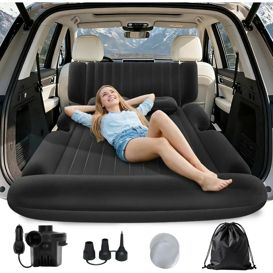 Colchón de aire SUV, colchón de aire grueso para coche con bomba eléctrica, cama inflable portátil para coche con 2 almohadas, colchón de Camping Ba