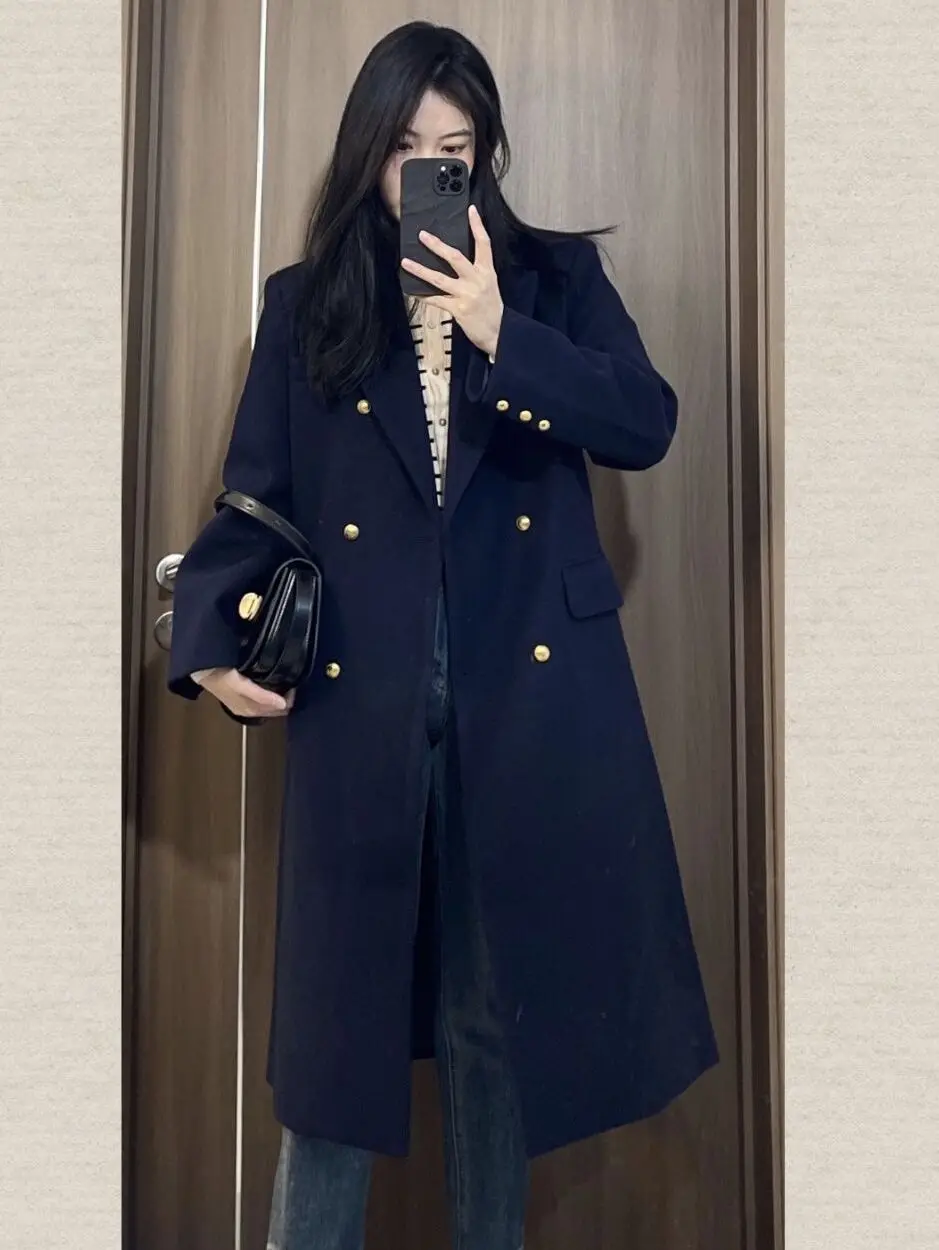 Women Long Woolen Coats Retro Loose Female Overcoat Double Breasted Ladies Double Sided Topcoat Autumn Winter 2024