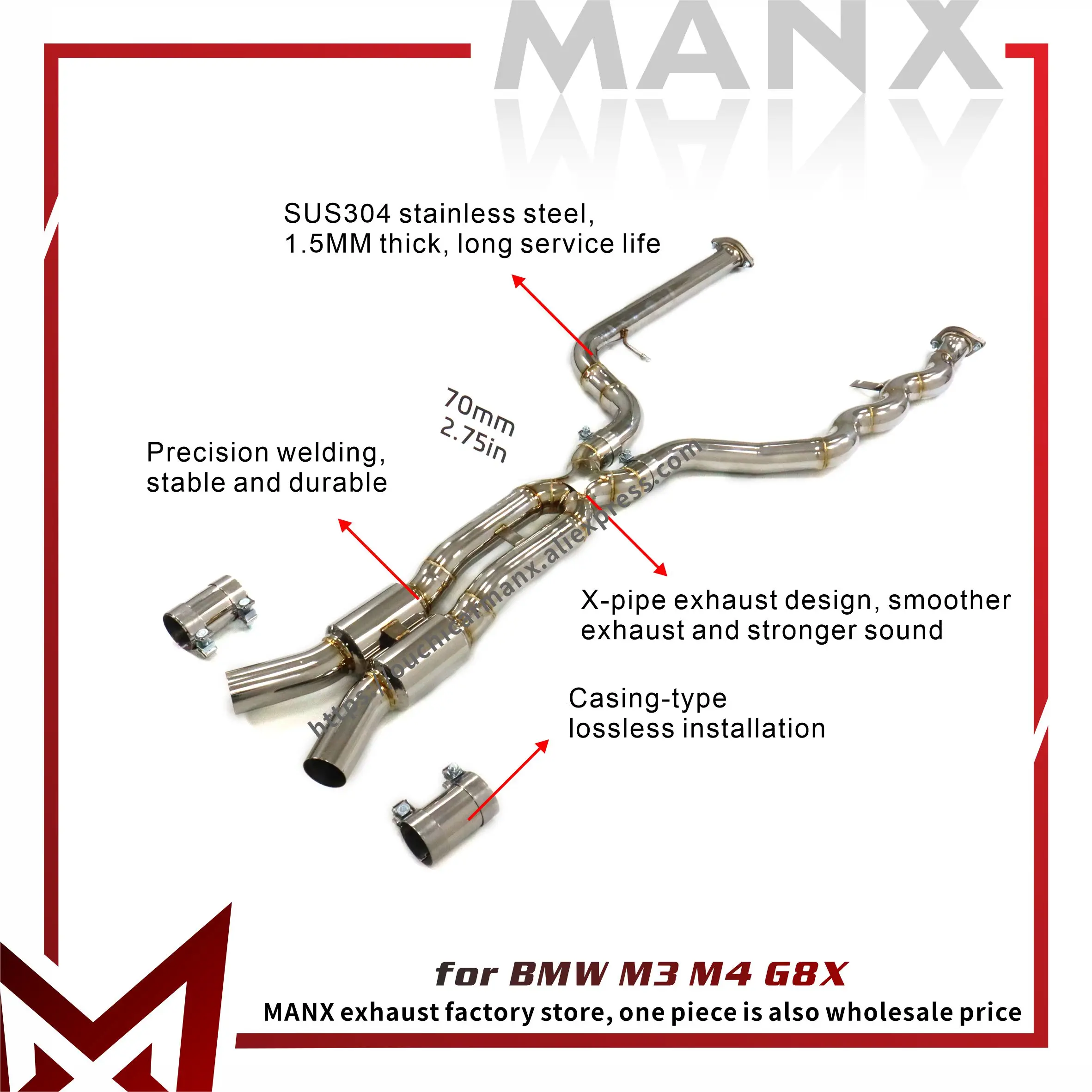 Tubo centrale MANX per BMW M3 M4 G8X - Acciaio inossidabile di alta qualità, design di scarico X-Pipe, installazione facile e sostituibile