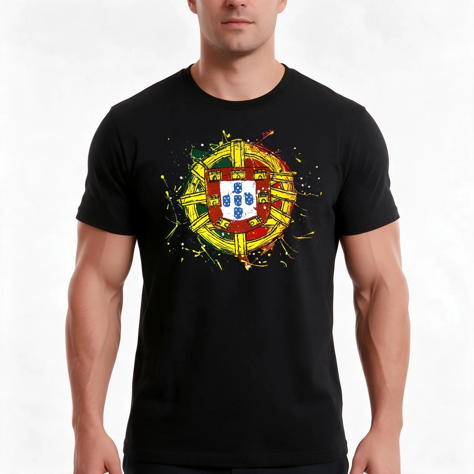 Portuguese Shield Splattered T-Shirt, Summer Casual Cotton Tee, Oversized Streetwear Tops, Vintage Graphic Print, 100% Cotton
