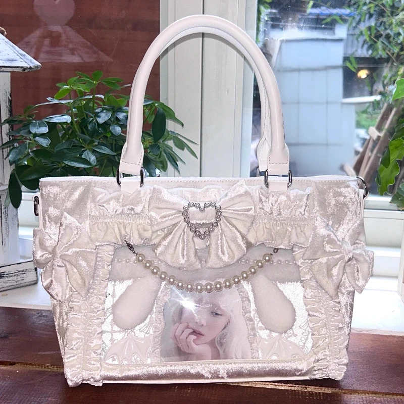 Original Mine Mass-produced Lolita Velvet Princess Handbags Pearl Bow Exquisite Tote Bag Women Sweet Itabag Gorgeous Mini Bag