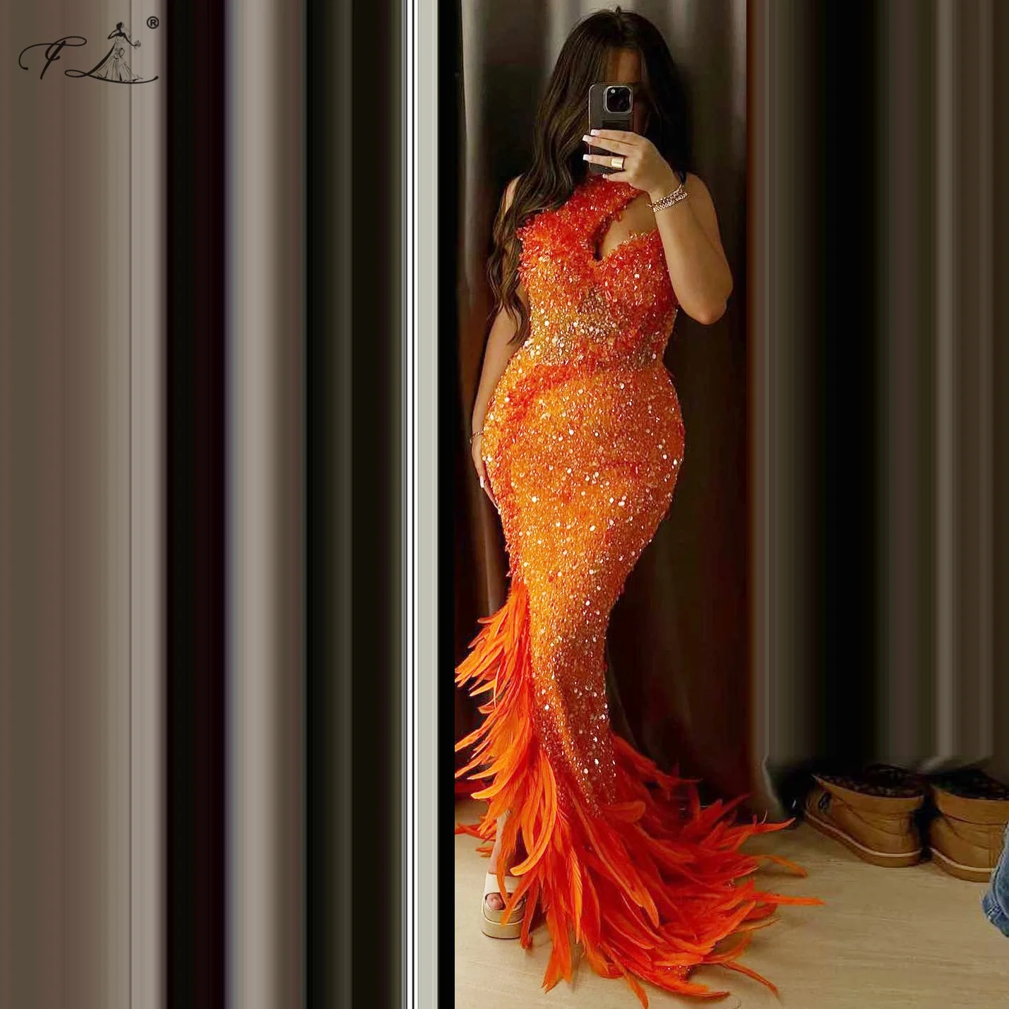 Asymmetrical Stylish Mermaid Dress Slanted Neckline Teardrop Pendant Sequin Feather Skirt Hem Prom Party Dress Customizable - view 3