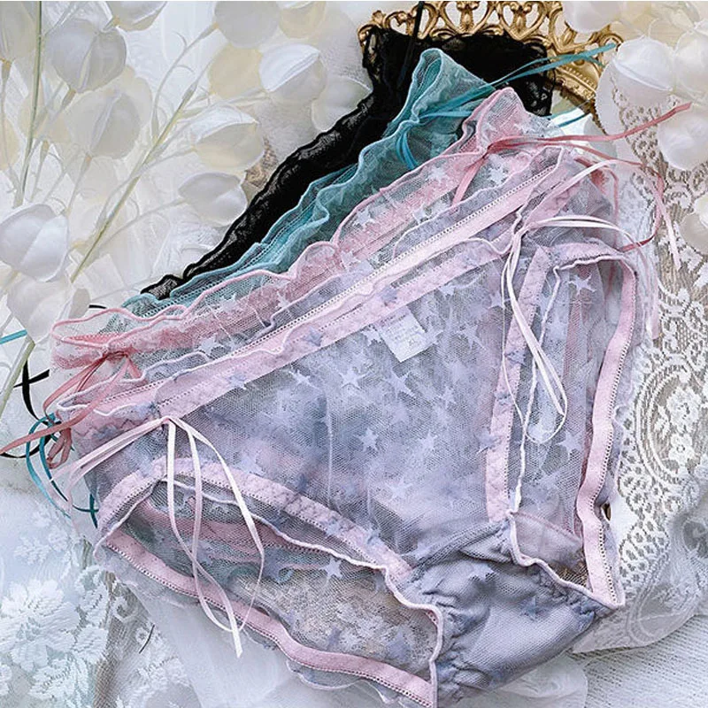 Lolita Bow Transparent Female Panties Thin Mesh See Through Star Print Ruffles Summer Underwear Plus Size 3XL Kawaii Lingeries