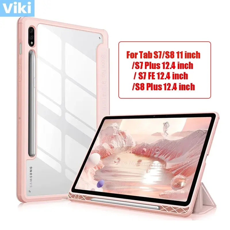 For Samsung Galaxy Tab S8 S7 Plus FE 12.4 inch Case Transparent Back Tablet Cover For Tab S7 S8 11 2020 Case With Pencil Holder