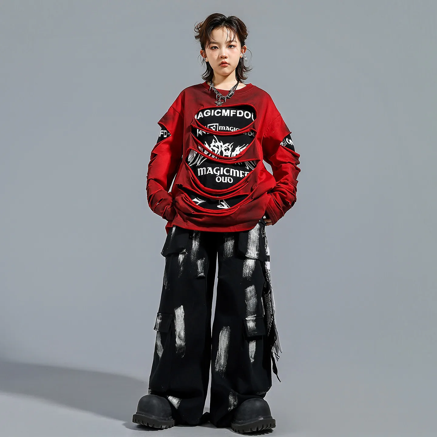 Sweat-shirt rétro Hip Hop pour garçons et filles, pantalon de danse de rue déchiré, ensembles de vêtements K-pop, Costumes de Jazz pour enfants et adolescents, Streetwear
