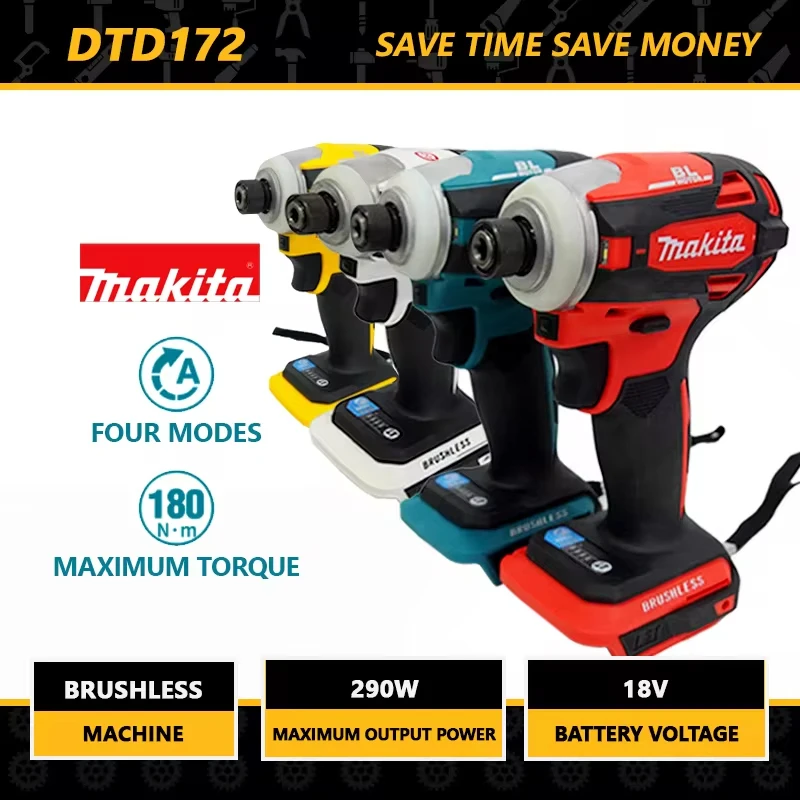 Makita DTD172 180N.M Cordless Impact Driver LXT 18V BL Brushless Power Tools Motor Electric Drill Wood/olt/T-Mode Rechargeable