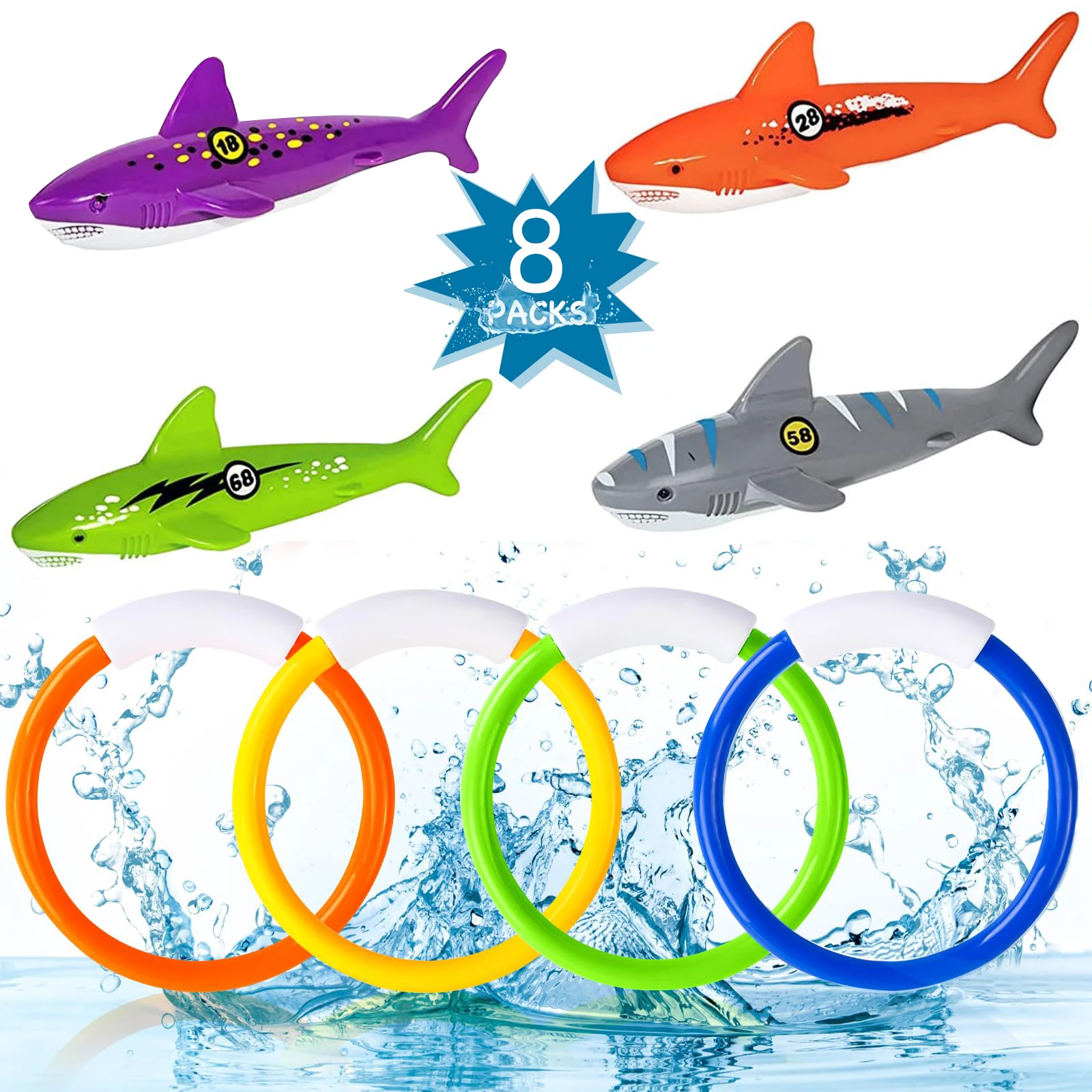 8Pcs Pool Diving Toys Colorful Underwater Swim Training Sinking Throwing Dive Rings Sticks for Kids Summer Swimming Party Game