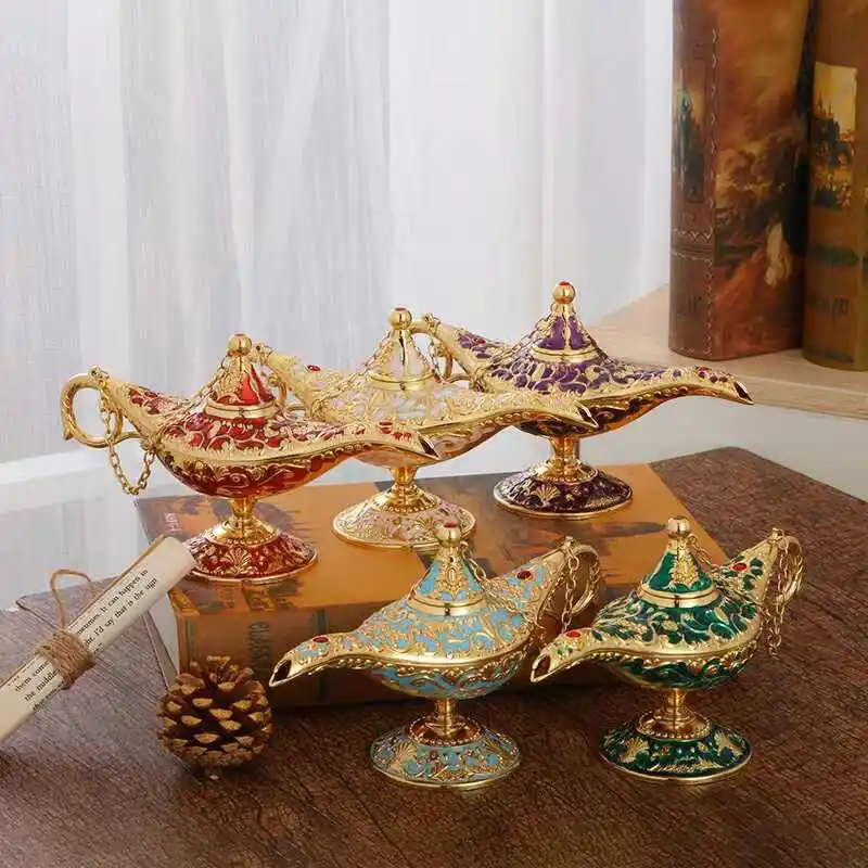 Vintage Aladdin Magic Lamp Figure Large Retro Metal Genie Wishing Light Figurine Sculpture Room Decoration Desk Accessories