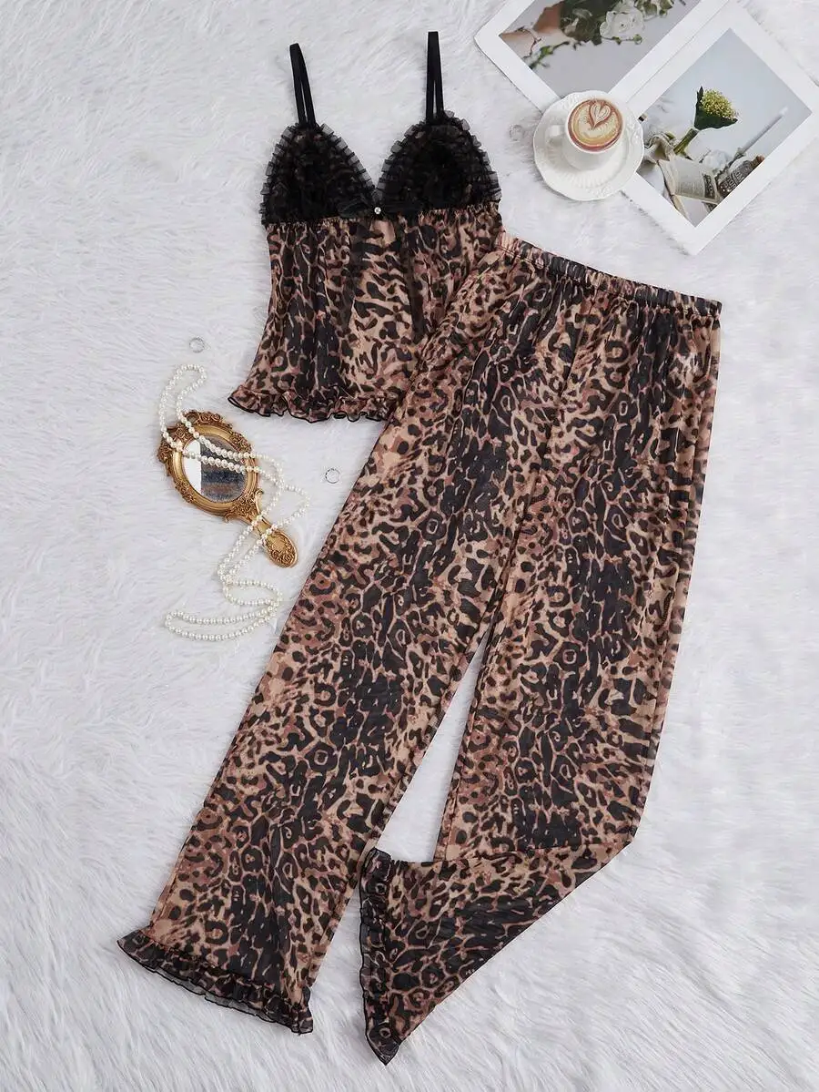 Leopard Print Ruffle Trim Camisole And Pants Pajama Set