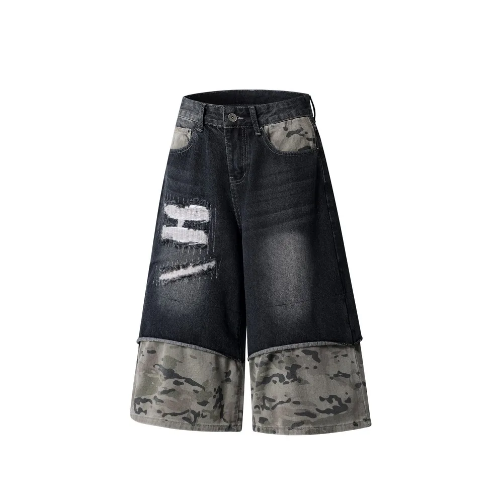 Camouflage Military Patchwork Ripped Denim Washed Distressed Grunge Women's Jeans Pants Trousers for Women Girls Streetwear