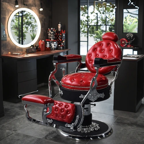 Silla de peluquería de estilo antiguo, color rojo y plateado, para salón de peluquería, a la venta