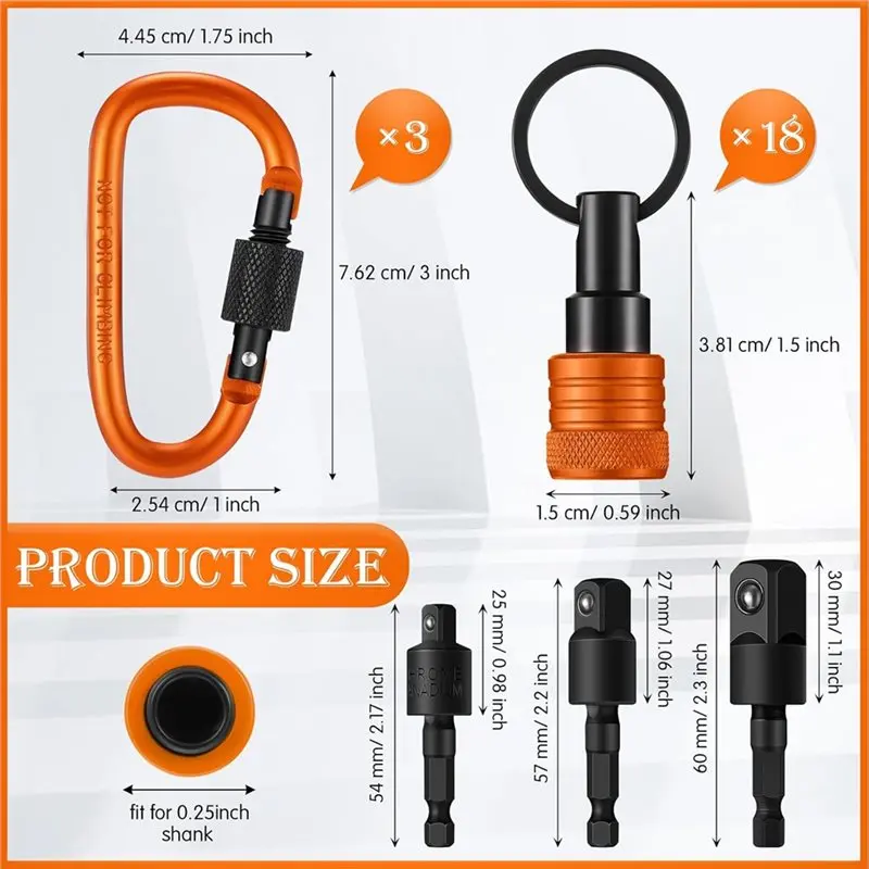 M11K-مجموعة محول مفك براغي سداسي محمول - 18 قطعة سلسلة مفاتيح حامل بت 1/4 بوصة، 3/8 بوصة، 1/2 بوصة تدريبات وأقفال بمقبس #6