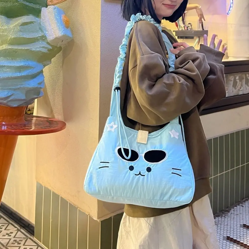 

New Design Y2k Kitty Embroidery Bag Korean Style Large Capacity Nylon Lightweight Bag Drawstring Pleated Crossbody Shoulder Bag