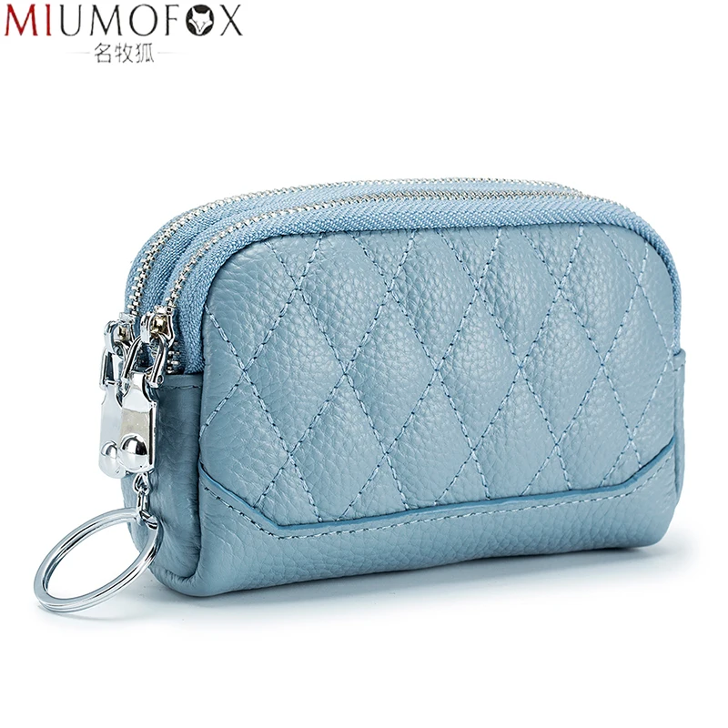 Luxury Diamond Lattice Design Coin Purse for Women Mini Purse with KeyChain Double Zipper Brand Ladies Real Leather Short Wallet